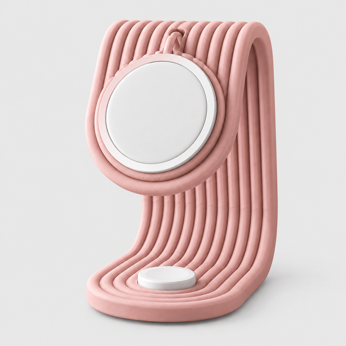 Suporte de carregamento para iPhone e Apple Watch em Rosa — peça única; carregadores ilustrativos não inclusos