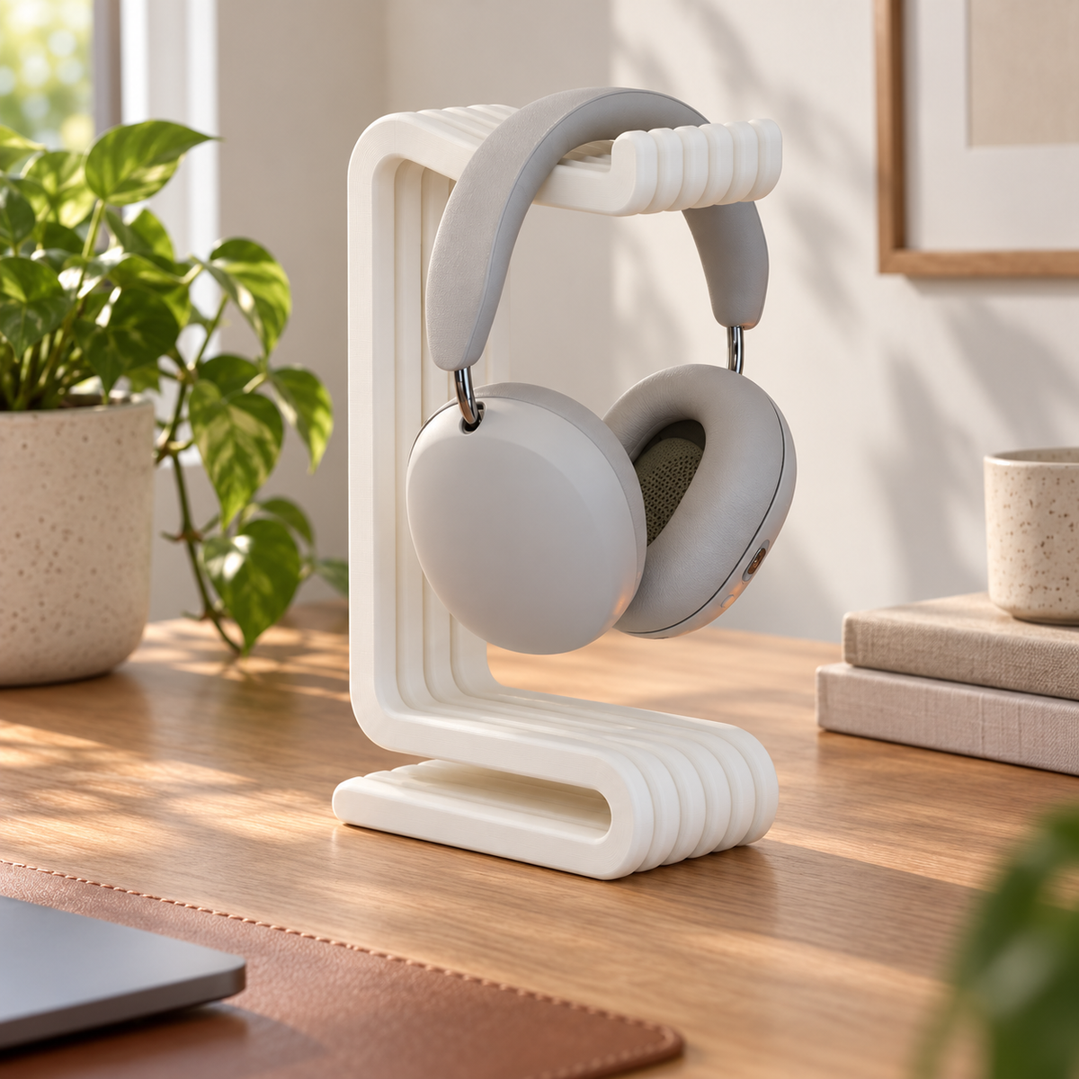 Suporte para Headset de Mesa Flow – Design Minimalista em ambiente — foto ilustrativa; acessórios não inclusos