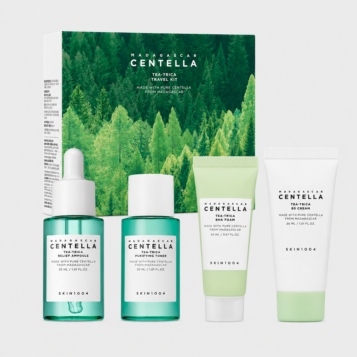 SKIN1004 Kit Madagascar Centella Tea-trica Travel 4 Peças Espuma de Limpeza + Tônico Facial + Sérum + Creme