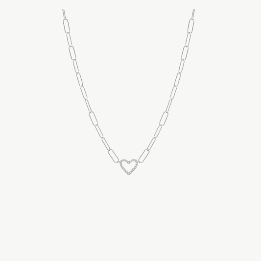 Colar Elo Clássico Coração Vazado em Ródio com Zircônias 45CM