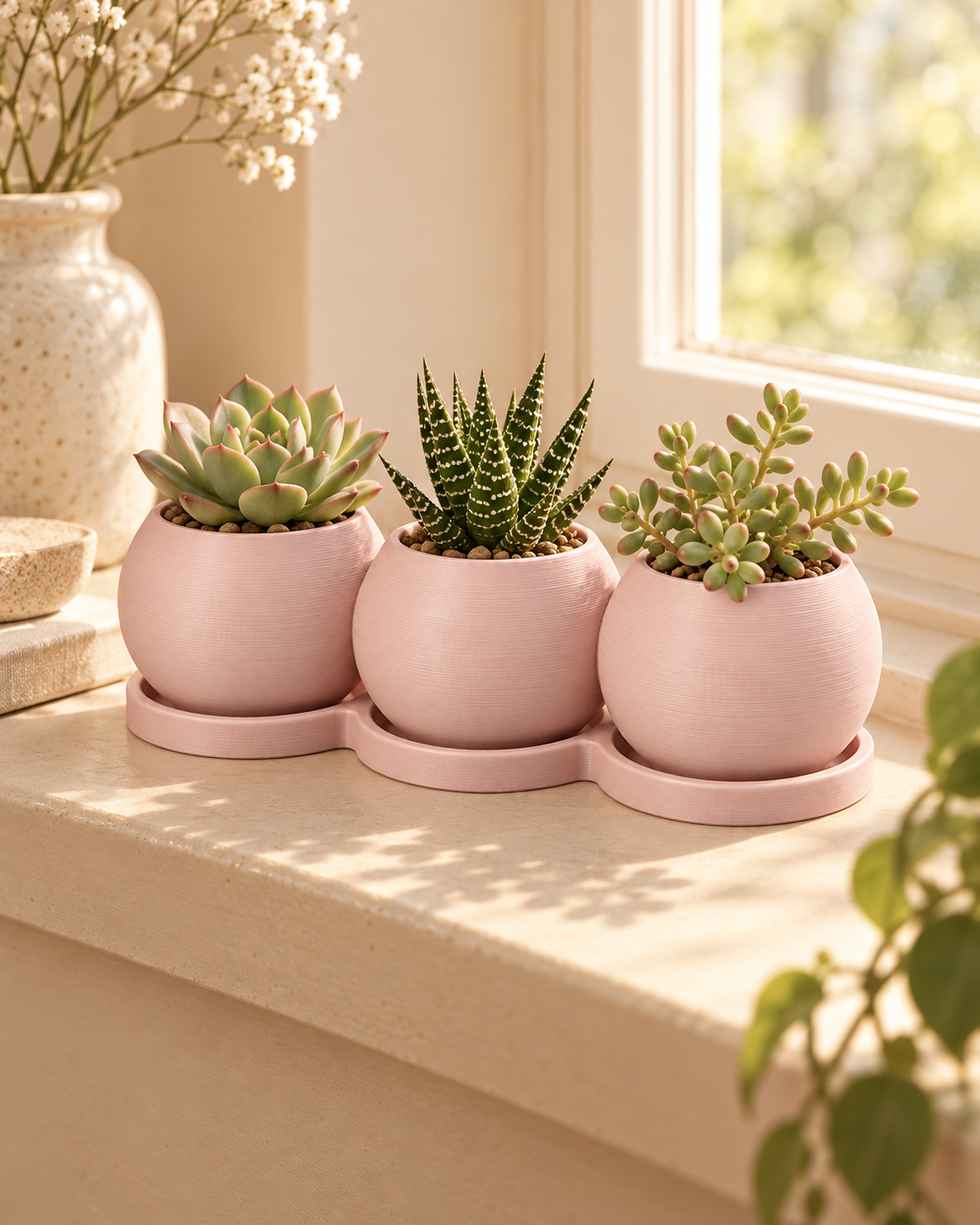 Vaso Triplo com Bandeja Trio rosa em ambiente decorado — objetos de cena não inclusos