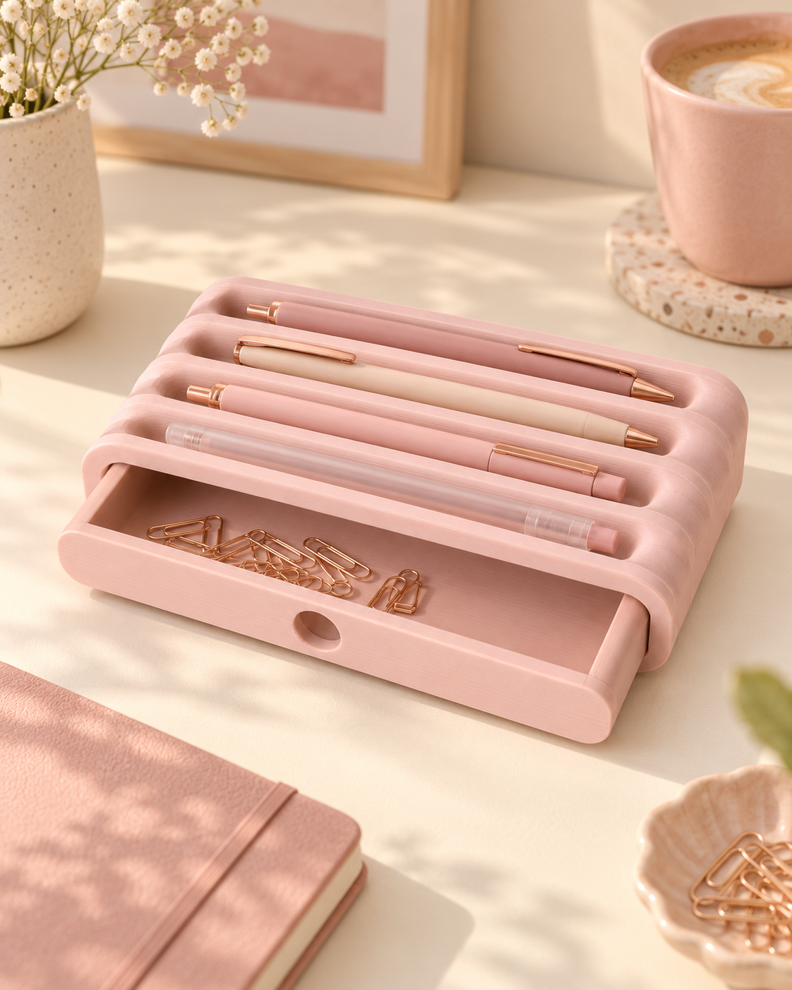 Organizador de Mesa com Gaveta Ribbleas – Pequeno rosa em ambiente decorado — objetos de cena não inclusos
