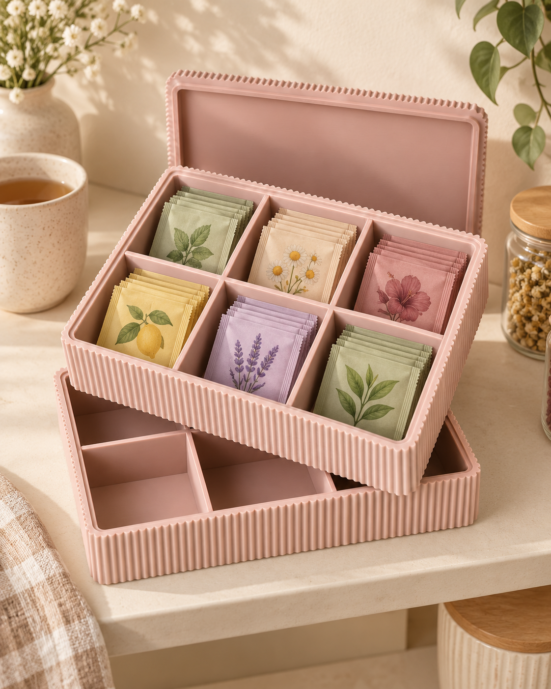 Organizador Modular para Sachês de Chá Teagrid rosa em ambiente decorado — objetos de cena não inclusos