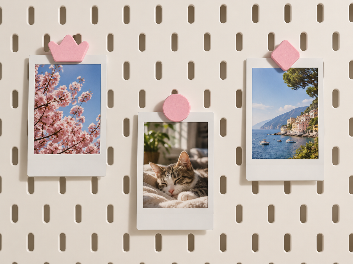 Clip para Foto Instax em Painel SKÅDIS — estudo visual ilustrativo; modelo, peças e cores sujeitos à conferência antes da venda