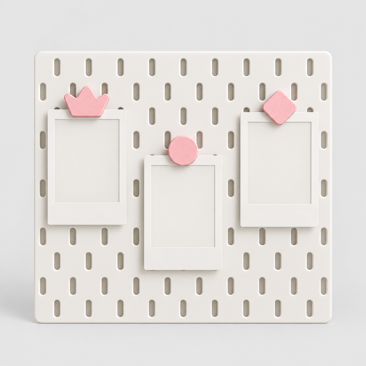 Kit 10 clipes rosa para pegboard em painel ilustrativo, fundo cinza-claro — painel e molduras não inclusos