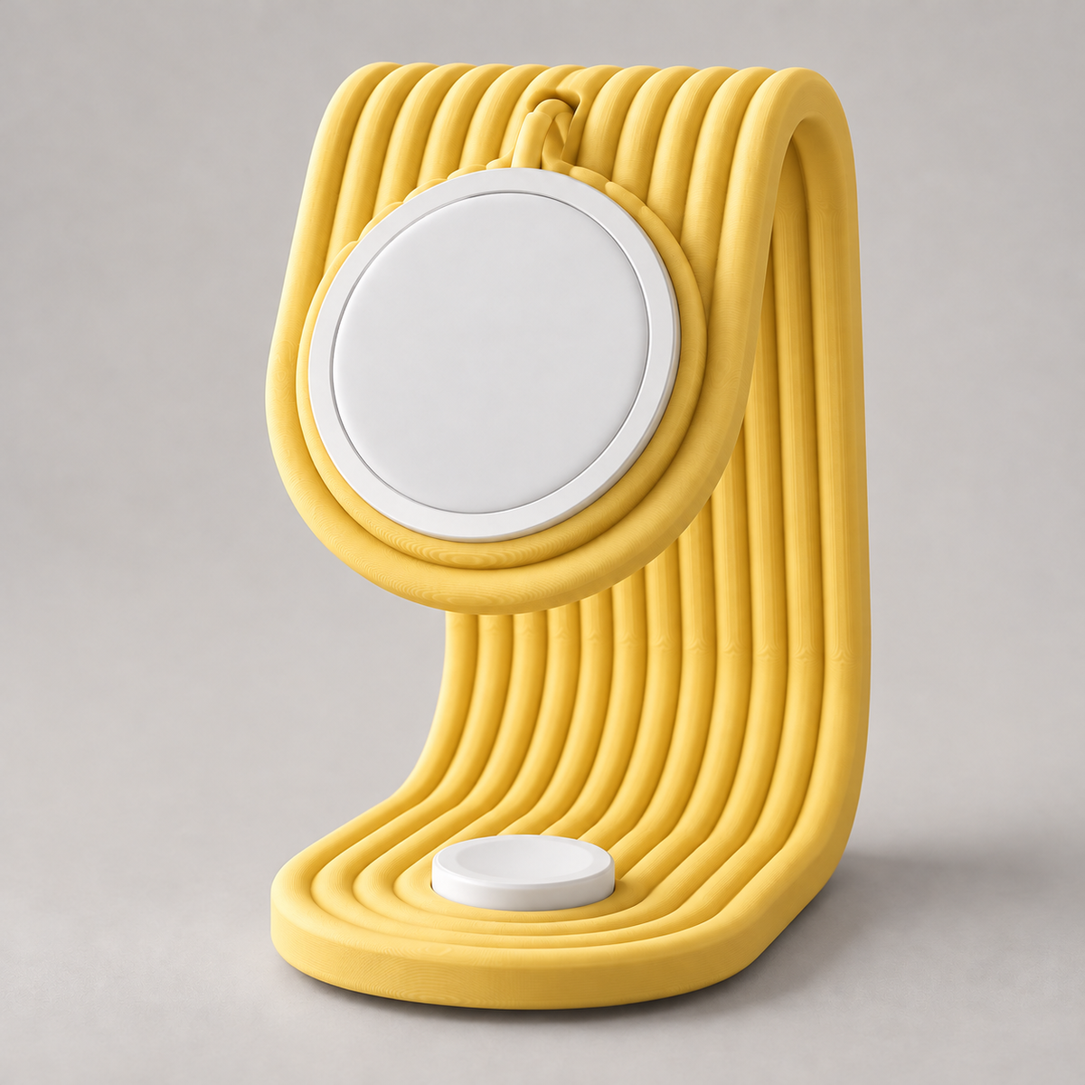 Suporte de carregamento para iPhone e Apple Watch em Amarelo — peça única; carregadores ilustrativos não inclusos