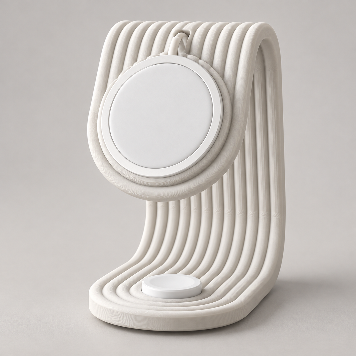 Suporte de carregamento para iPhone e Apple Watch em Branco — peça única; carregadores ilustrativos não inclusos
