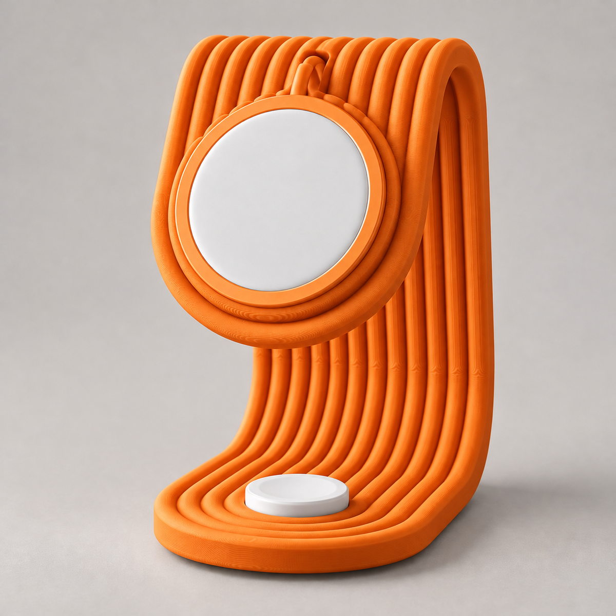 Suporte de carregamento para iPhone e Apple Watch em Laranja — peça única; carregadores ilustrativos não inclusos