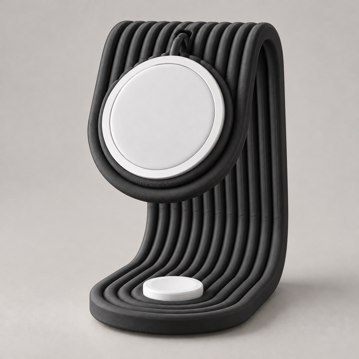 Suporte de carregamento para iPhone e Apple Watch em Preto — peça única; carregadores ilustrativos não inclusos