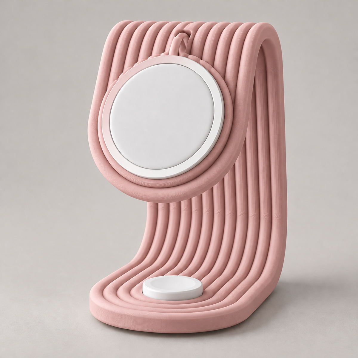 Suporte de carregamento para iPhone e Apple Watch em Rosa — peça única; carregadores ilustrativos não inclusos