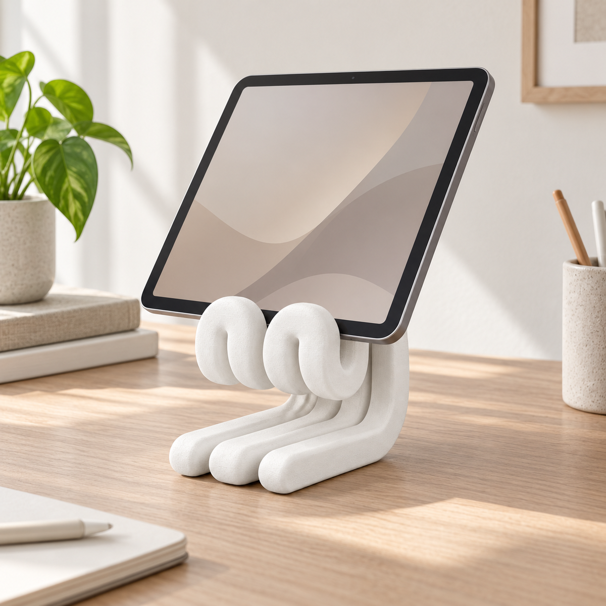 Suporte Ondulado para Tablet de Mesa em ambiente — foto ilustrativa Milanzi