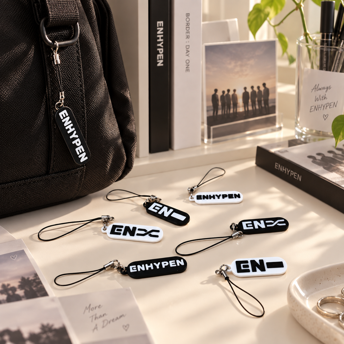 Charm ENHYPEN para Bolsa ou Chaveiro em ambiente — foto ilustrativa Milanzi