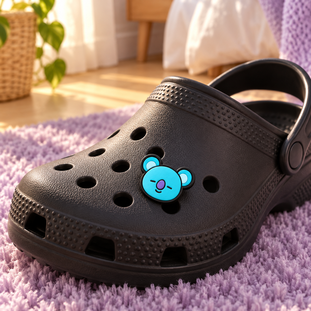 Charm BT21 para Crocs em ambiente — foto ilustrativa Milanzi