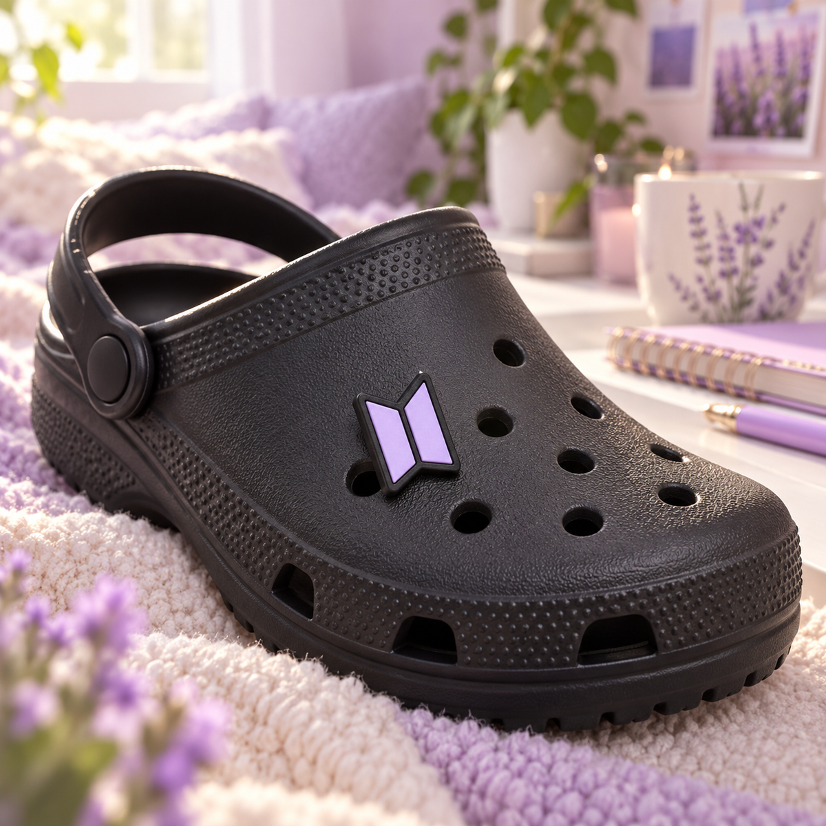 Charm BTS para Crocs em ambiente — foto ilustrativa Milanzi