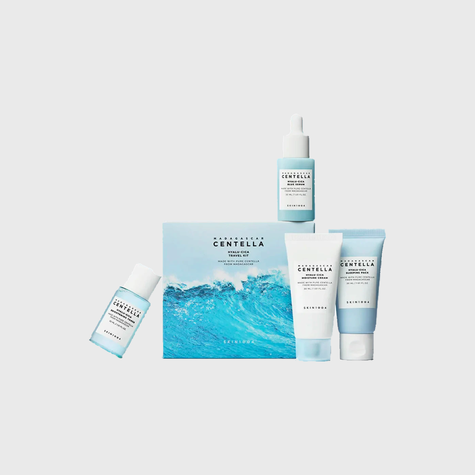 SKIN1004 Kit Madagascar Centella Hyalu-Cica Travel 4 Peças Tônico Facial + Sérum + Creme + Máscara Facial - Milanzi
